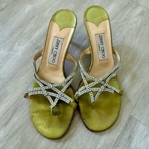 Jimmy Choo lime green Rhinestone Satin Sandals low heel sz 37.5